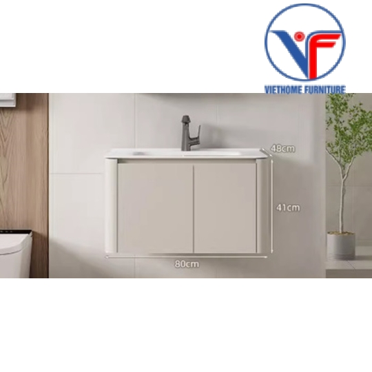 Bộ tủ lavabo màu kem kèm tủ gương có đèn led size 80cm