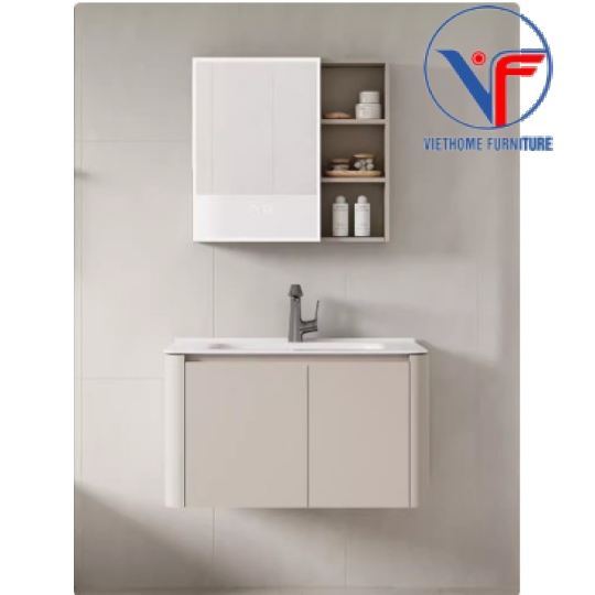 Bộ tủ lavabo màu kem kèm tủ gương có đèn led size 80cm