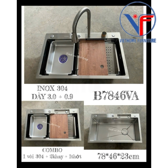Chậu chén 1 hộc kích thước 78x46 INOX có vòi dây rút