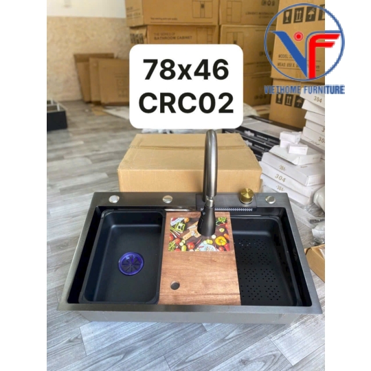 Chậu chén 1 hộc kích thước 78x46 nano đen có vòi dây rút
