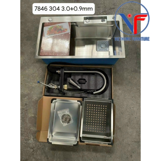 Chậu chén 1 hộc kích thước 78x46 INOX có vòi dây rút