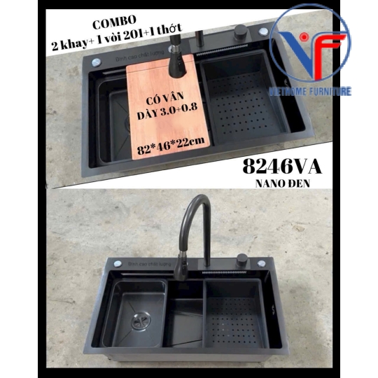 CHẬU RỬA CHÉN, BÁT 1 HỐ INOX PHỦ NANO ĐEN 82x45CM CÓ VÒI DÂY RÚT