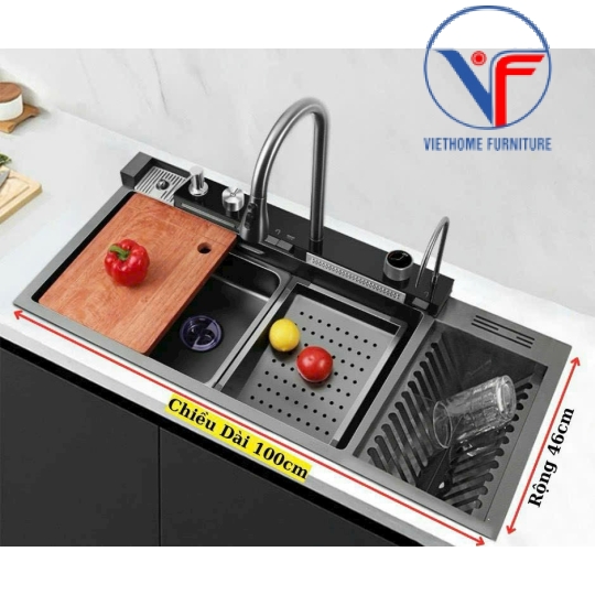 Chậu rửa chén 1 hố vòi thác 5 phím 100x46cm