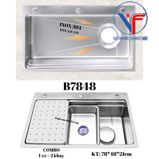 Chậu chén 1 hộc kích thước 78x48 INOX 
